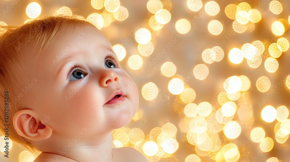 Fototapeta premium Baby looking up at lights, soft focus background, possible use as children's product advertisement or for holiday greetings