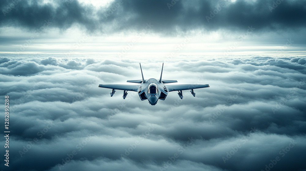 A grey Lockheed Martin F-35 Lightning fighter jet soaring above clouds, symbolizing power, innovation, and technological advancement in modern aviation A grey Lockheed Martin F-35 Lightning fighter jet soaring above clouds, symbolizing power, innovation, and technological advancement in modern aviation