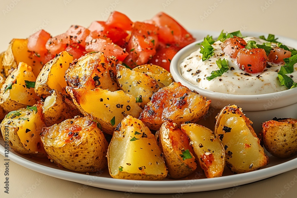 Crispy Roasted Potatoes with Tomato Salsa and Creamy Dip Crispy Roasted Potatoes with Tomato Salsa and Creamy Dip