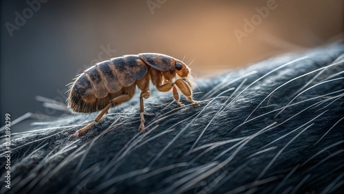 Microscopic World: A detailed shot unveils a flea in sharp focus on an animal's fur, offering a close-up view of this tiny parasite.