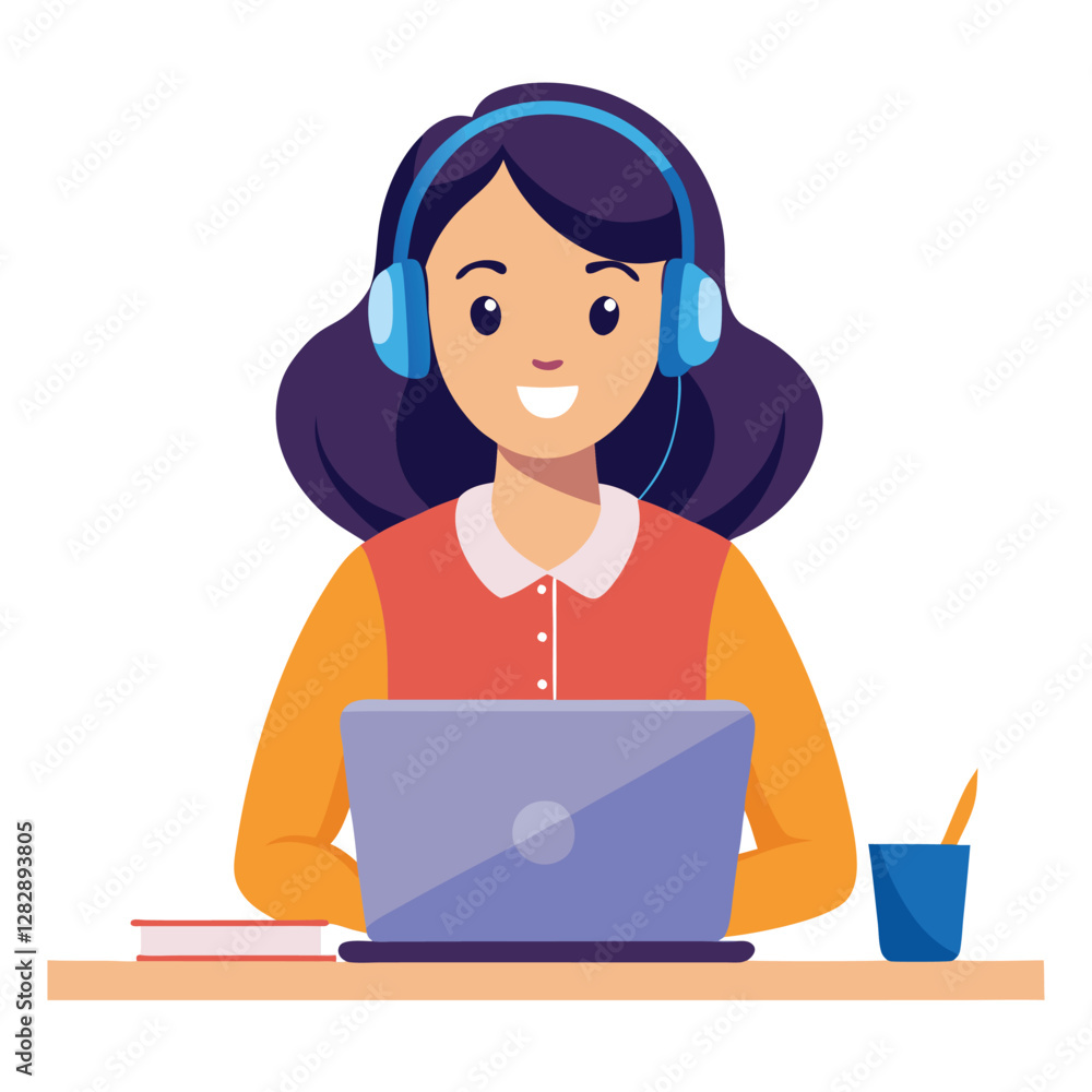 woman in headphones, studying at laptop. Happy female student watching business webinar. Video conference call, remote work communication. Flat vector illustration isolated on white background woman in headphones, studying at laptop. Happy female student watching business webinar. Video conference call, remote work communication. Flat vector illustration isolated on white background