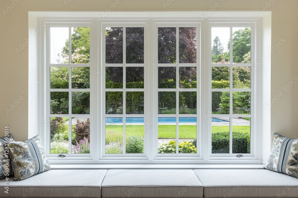 Home window seat with garden view, pool Home window seat with garden view, pool