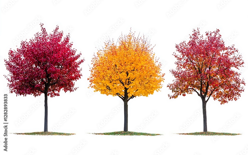 Naklejka premium Autumn trees in various colors, isolated on white background, for use in nature related design or illustration