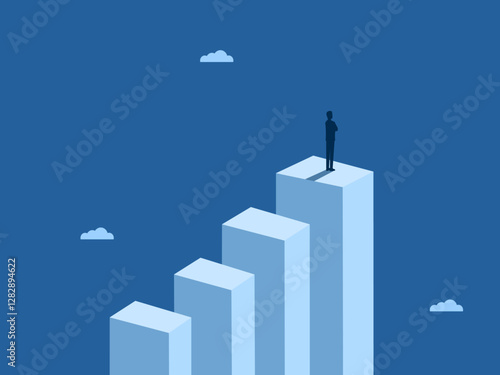 Achieved goal, Businessman confidently stands on the highest bar graph