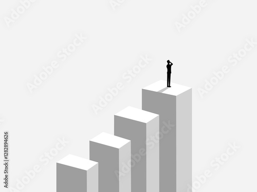 Mission completed, Businessman confidently stands on the highest bar graph