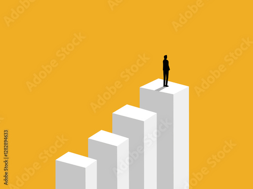 Mission complete, Businessman bravely stands on the highest bar graph
