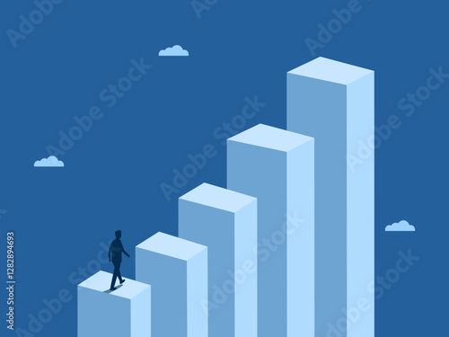 Achievement, Mission, Businessman Walking on Bar Graph Growing Up