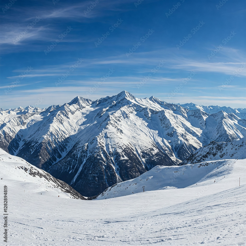 Obraz premium snow covered mountains in winter under blue sky. inspiring and grandeur inducing sight of a snow covered mountain with its white peaks against a backdrop of a clear blue sky.