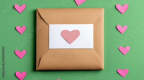 Tan Envelope Adorned with Pink Heart on White Card Surrounded by Pixelated Hearts on Green