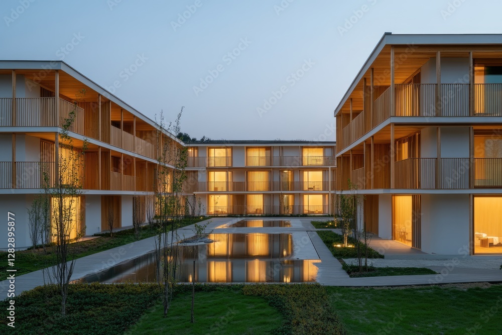 Obraz premium Modern apartment complex courtyard at dusk, tranquil setting