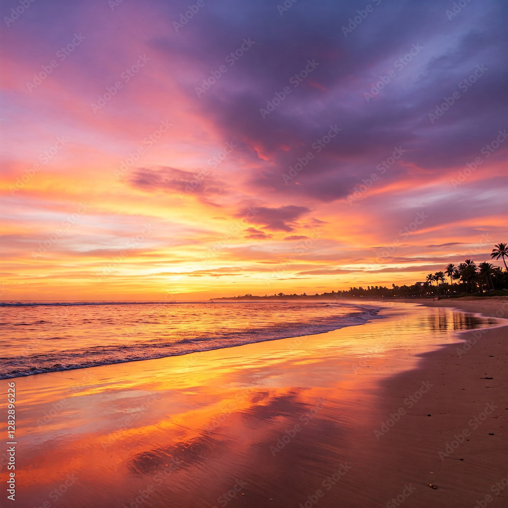 Obraz premium sunset on the beach golden hour. beach at sunset with its captivating beauty reveals mesmerizing blend of warm hues in evening sky shimmering reflection on water.