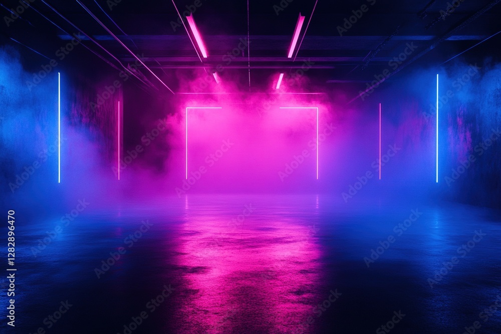 Neon lights illuminate a room with smoke and colorful ambiance Neon lights illuminate a room with smoke and colorful ambiance