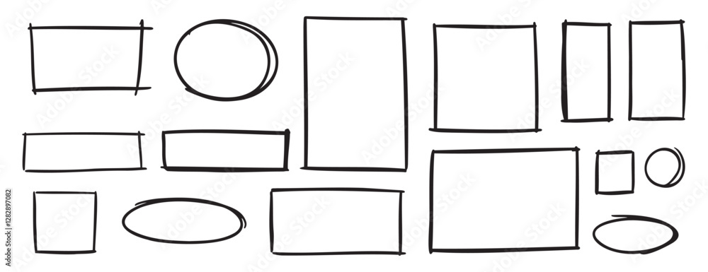 doodle geometric grunge frame set, hand drawn marker pen line strokes. square, circle, rectangle and oval ellipse borders design elements