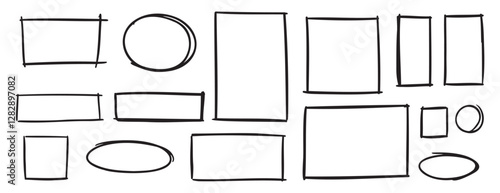 doodle geometric grunge frame set, hand drawn marker pen line strokes. square, circle, rectangle and oval ellipse borders design elements