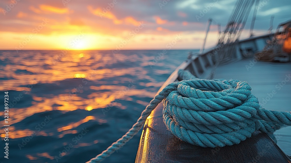 Obraz premium Sunset nautical rope on a ship's bow