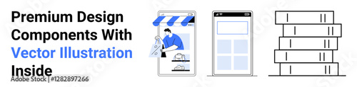 Digital storefront with awning, designer adjusting layout, mobile screen interface, and stacked delivery boxes. Ideal for e-commerce, UIUX, online shopping, logistics, delivery digital marketing