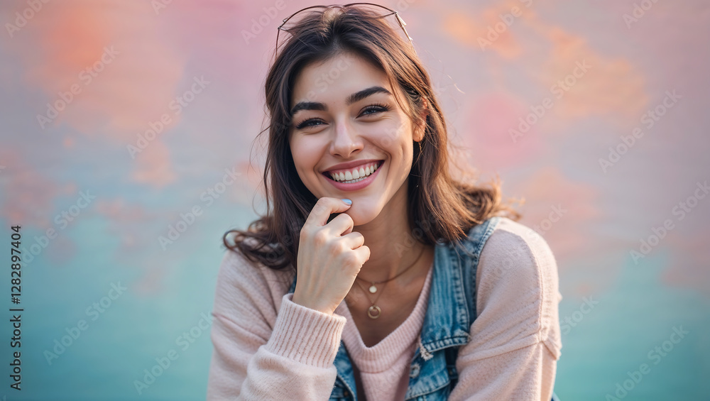 Fototapeta premium Smiling Young Woman with Dimples Touching Her Face in a Warm and Joyful Expression
