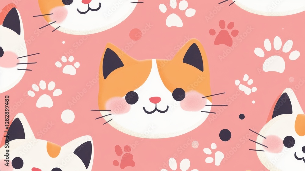 Cute cat face and paw print seamless pattern creative design digital art whimsical style cheerful vibe Cute cat face and paw print seamless pattern creative design digital art whimsical style cheerful vibe
