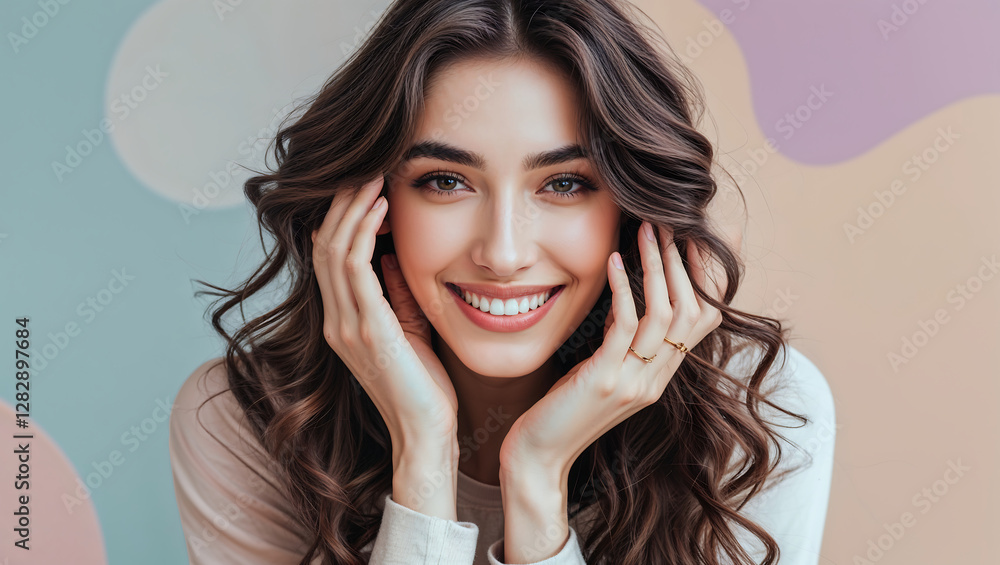 Obraz premium Happy Young Woman with Flowing Wavy Hair and a Radiant Smile in Natural Light