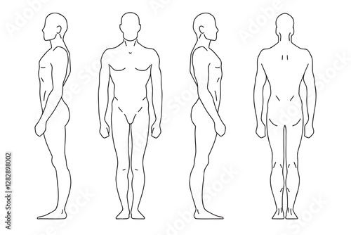 human silhouette man outline template. vector line figure of a person in front, back, side. 