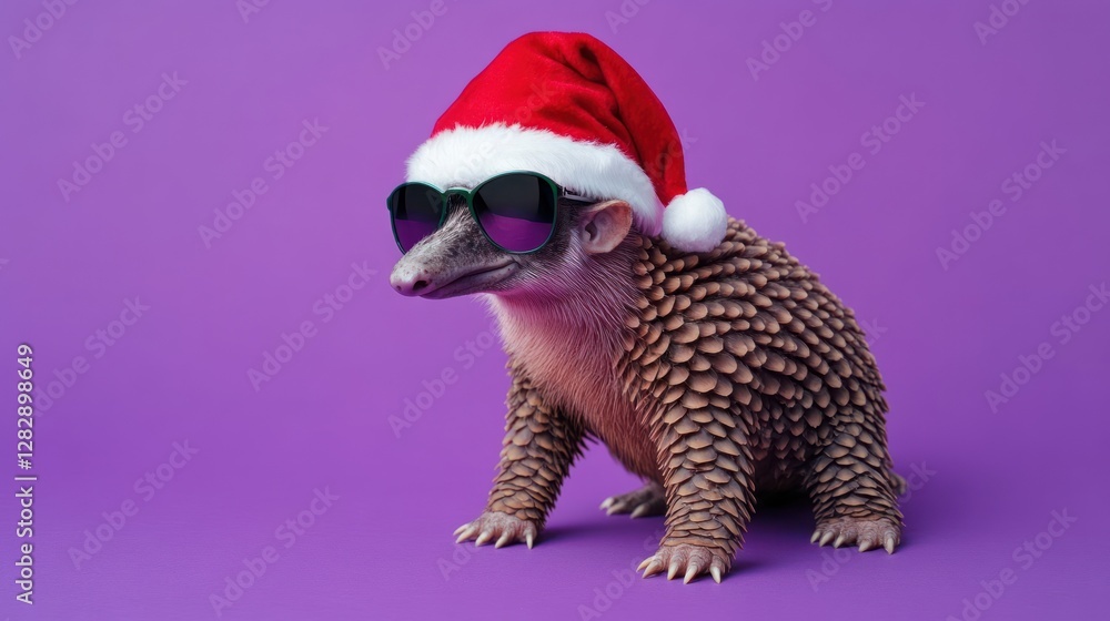 Funny armadillo wearing Santa hat and sunglasses on purple background. (1) Funny armadillo wearing Santa hat and sunglasses on purple background. (1)