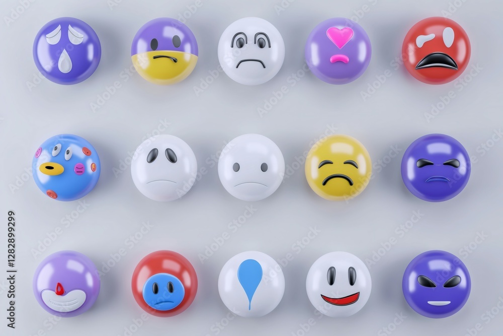 Flat lay view of a grid featuring sad face emojis, including crying, frowning, and disappointed expressions, all set against a clean white background for a striking visual impact Flat lay view of a grid featuring sad face emojis, including crying, frowning, and disappointed expressions, all set against a clean white background for a striking visual impact