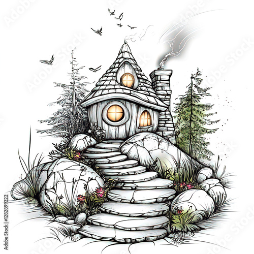 Charming fantasy fairytale cottage illustrated in a sketch art style. Colorful Fairy House with Curved Rooftop and Charming Details photo