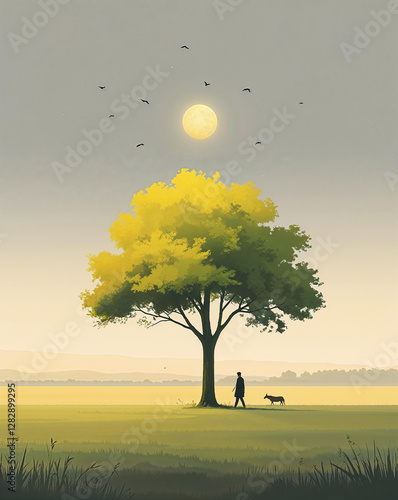Peaceful Walk Under a Majestic Tree at Sunset in Nature