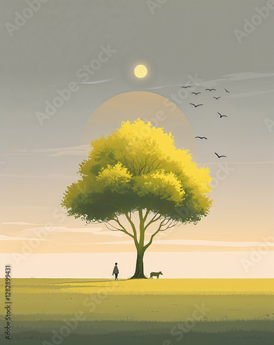 Peaceful Walk Under a Majestic Tree at Sunset in Nature