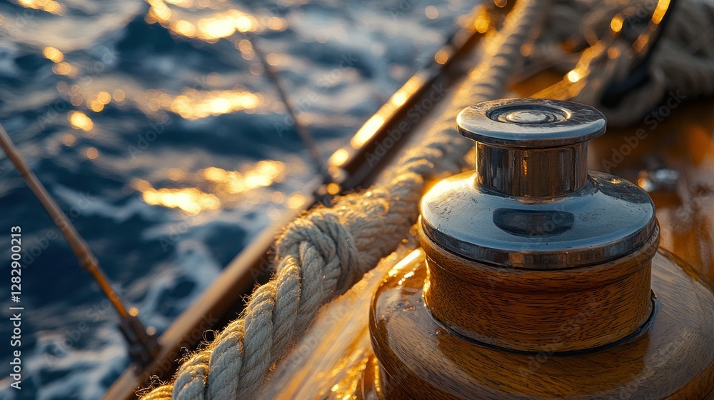 Sunset sailing, nautical winch, wooden deck, ocean waves Sunset sailing, nautical winch, wooden deck, ocean waves