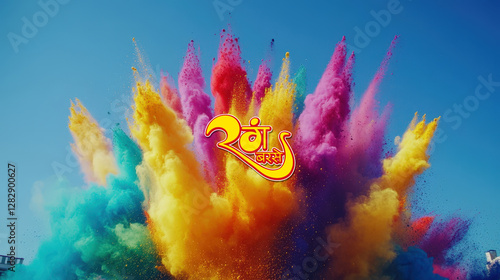 Multicolor Powder Explosion Background with Rang Barse (Raining of Colors) Hindi Text, Used for Banner.
