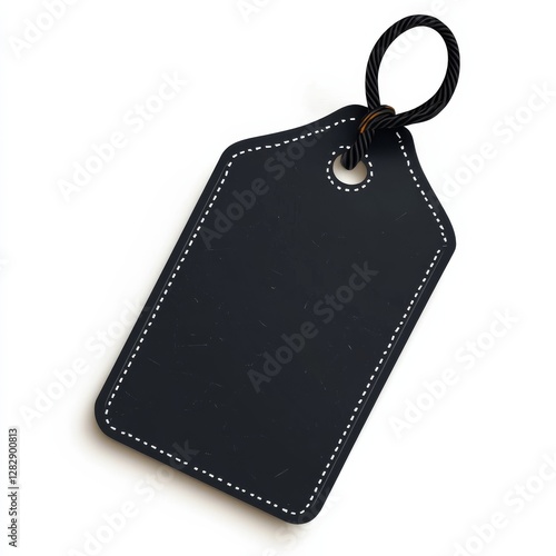Black Tag with White Stitched Border and Rope Hanger on Clean Background for Mockup and Template Use