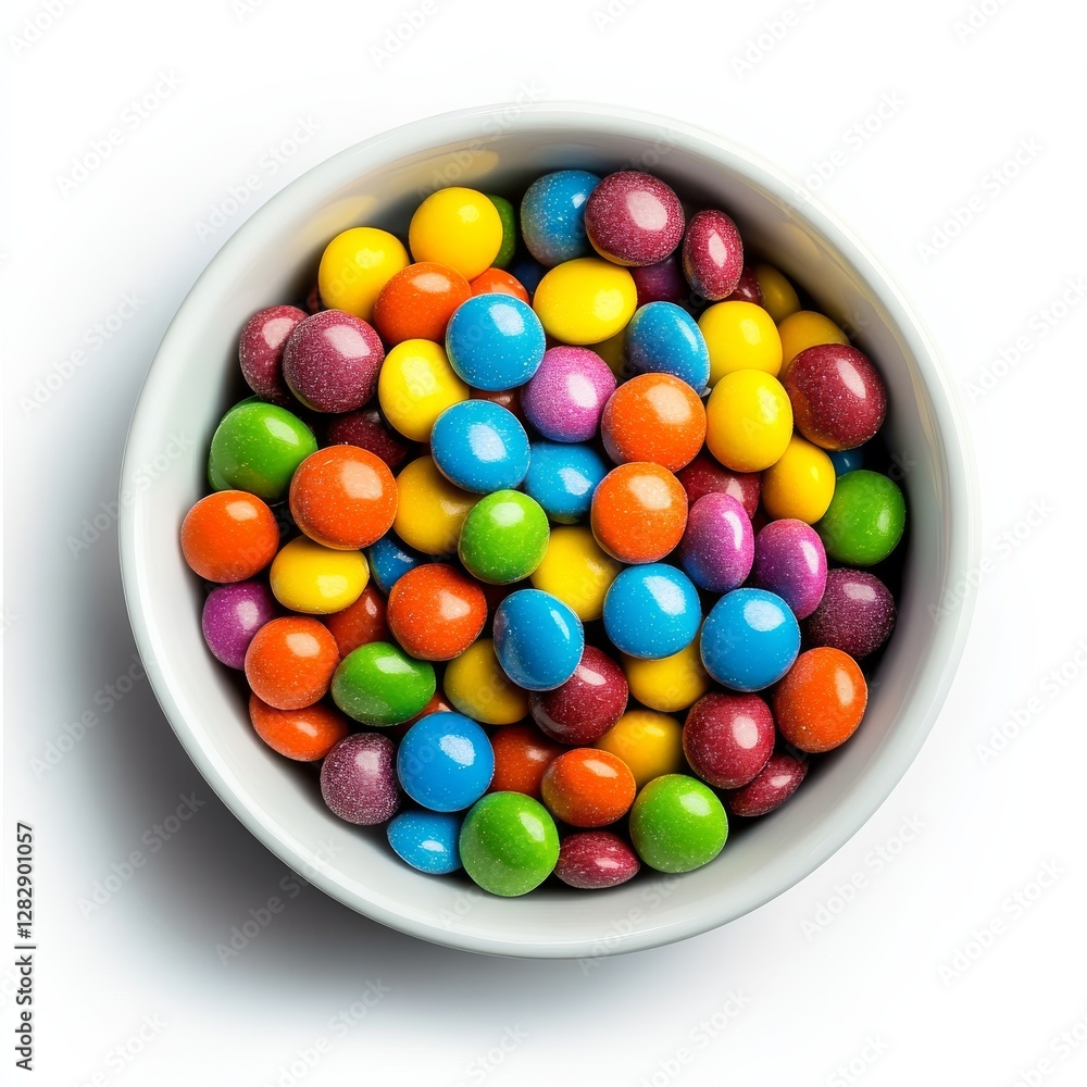 Colorful Candies: A Top-Down View of a White Bowl Filled with Assorted Round Sweets on White Background Colorful Candies: A Top-Down View of a White Bowl Filled with Assorted Round Sweets on White Background