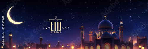 Eid Mubarak Banner or Header with Illuminated Mosque at Peaceful Crescent Moon Night.