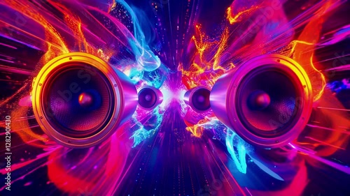 Abstract music background with speakers, vibrant colors, and retro design elements for a party or club vibe