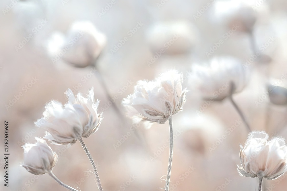 Delicate white flowers with soft petals against a blurred background Delicate white flowers with soft petals against a blurred background