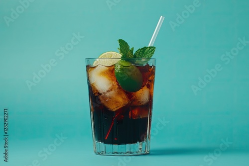 Cuba Libre cocktail, ice, lime, mint, turquoise background, summer drink photo