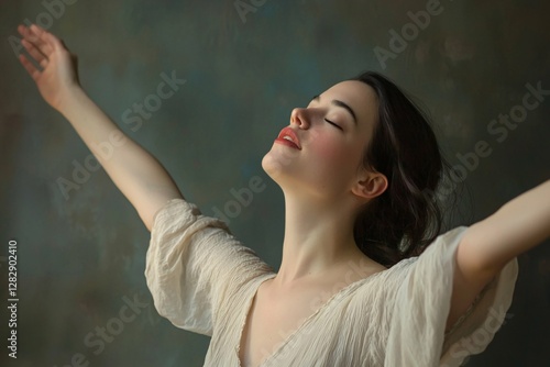 A captivating studio portrait of a liberated woman with arms outstretched and eyes closed, embodying emotional freedom against a gentle backdrop. photo