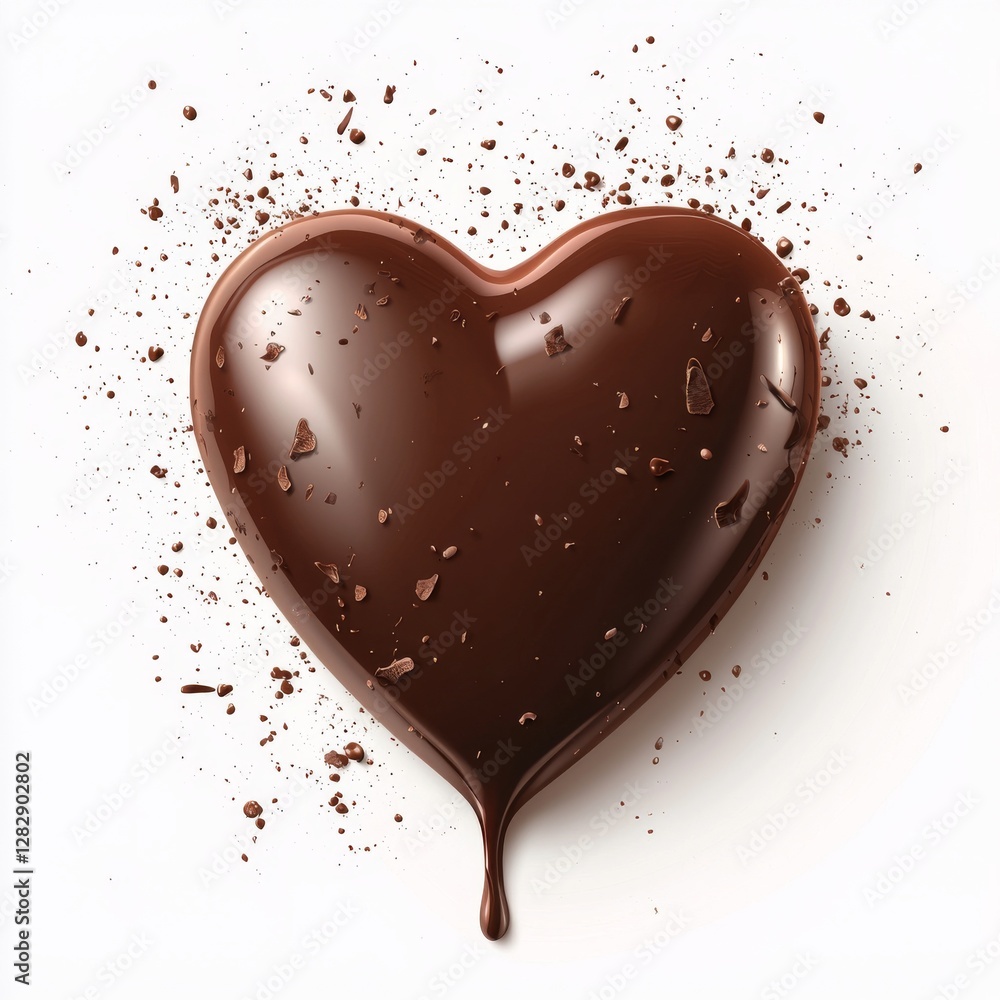 Indulge in Decadence: A Rich Chocolate Heart with Dripping Fudge and Sprinkle of Shaved Cocoa Delight on White Indulge in Decadence: A Rich Chocolate Heart with Dripping Fudge and Sprinkle of Shaved Cocoa Delight on White