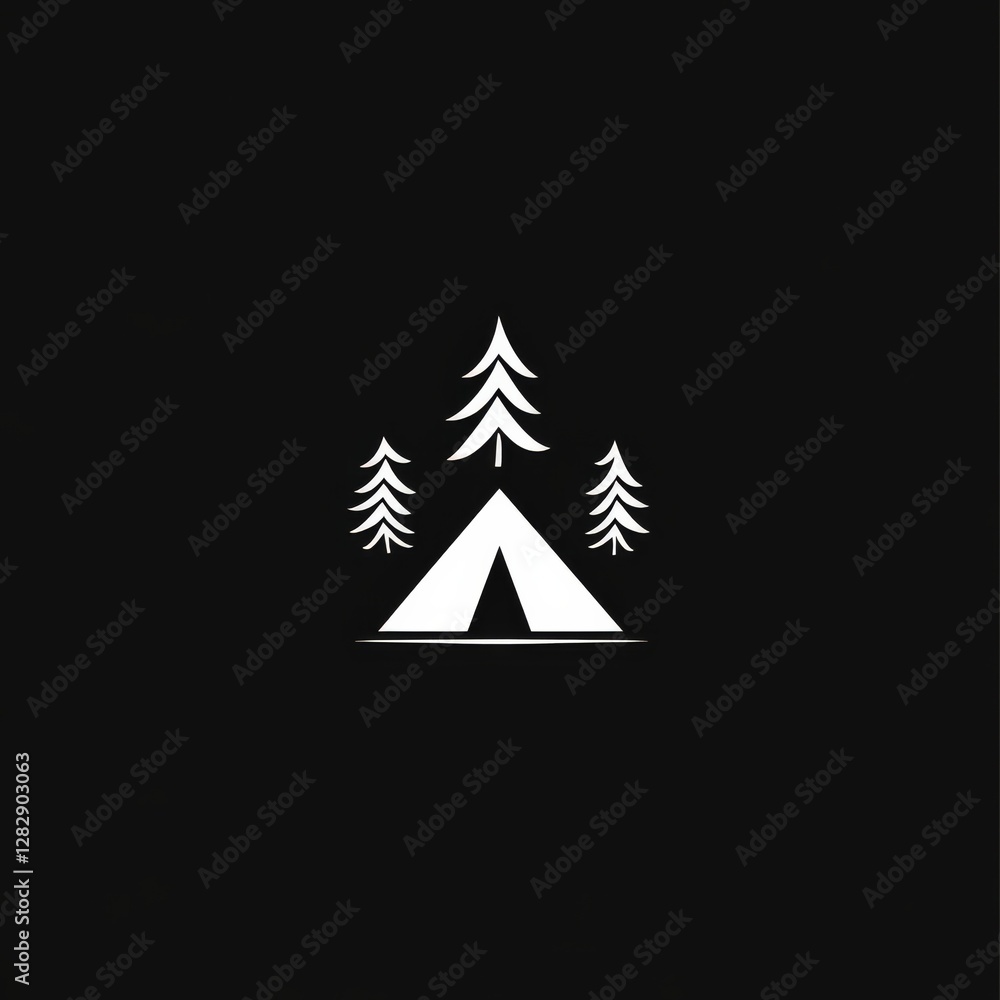 Obraz premium Minimalist Camping Logo: White Tent Surrounded by Pine Trees on a Dark Background for Adventure