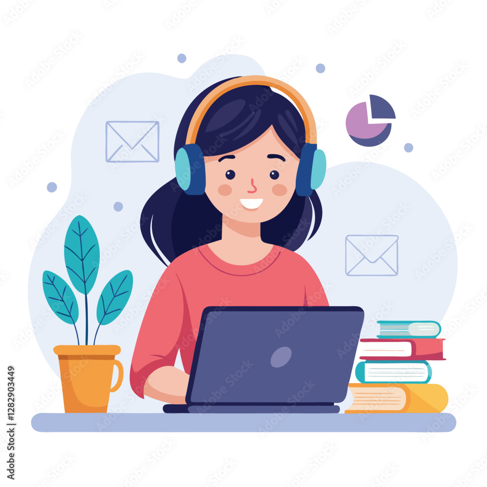 woman in headphones, studying at laptop. Happy female student watching business webinar. Video conference call, remote work communication. Flat vector illustration isolated on white background woman in headphones, studying at laptop. Happy female student watching business webinar. Video conference call, remote work communication. Flat vector illustration isolated on white background