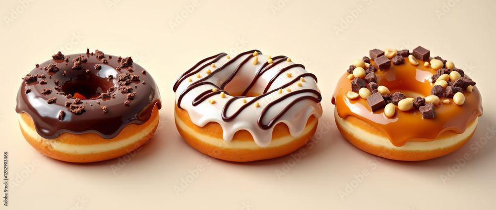 Gourmet Donuts with Chocolate, Caramel, and White Icing on Neutral Background Gourmet Donuts with Chocolate, Caramel, and White Icing on Neutral Background