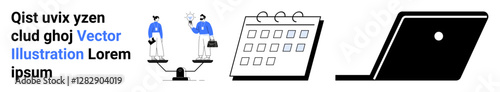 Two figures in balance scales holding items, calendar, and laptop screen. Ideal for teamwork, negotiation, time management, planning, productivity, technology abstract line flat metaphor