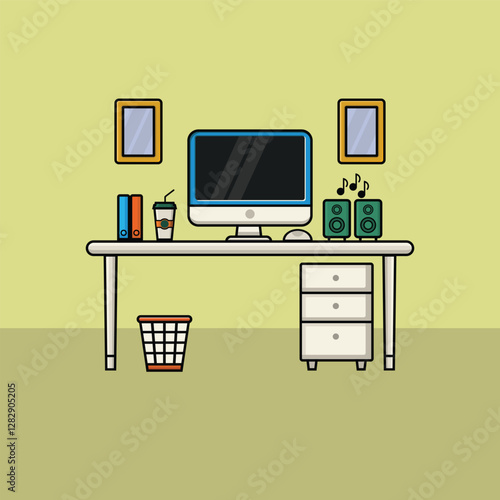 Flat Illustration workspace with a computer, desk accessories, and speakers playing music