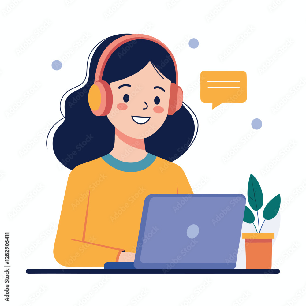 woman in headphones, studying at laptop. Happy female student watching business webinar. Video conference call, remote work communication. Flat vector illustration isolated on white background woman in headphones, studying at laptop. Happy female student watching business webinar. Video conference call, remote work communication. Flat vector illustration isolated on white background