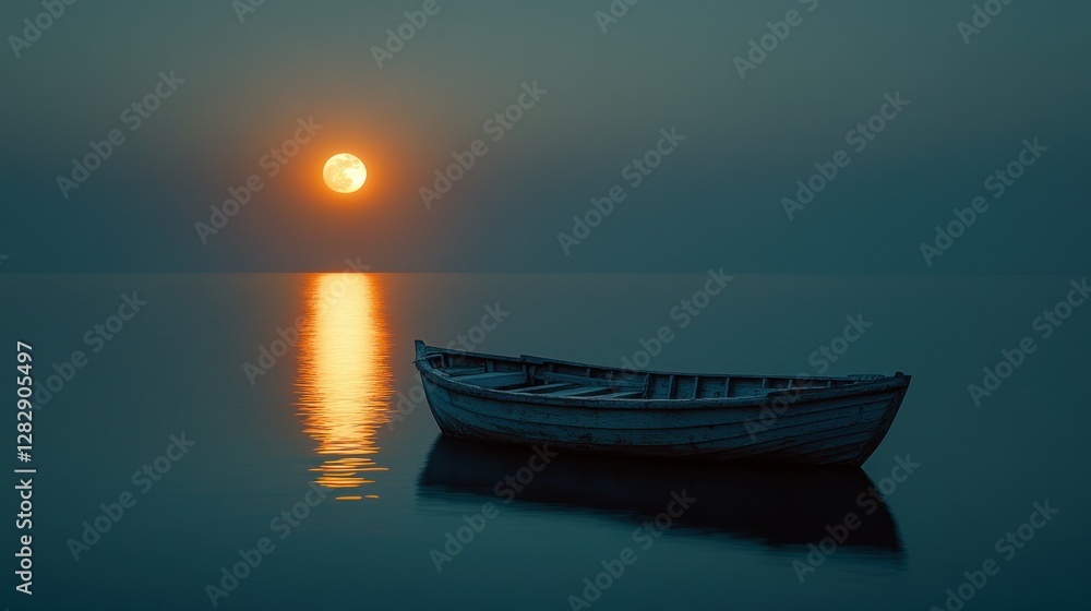 Naklejka premium Tranquil lake boat at sunrise/sunset, full moon reflection