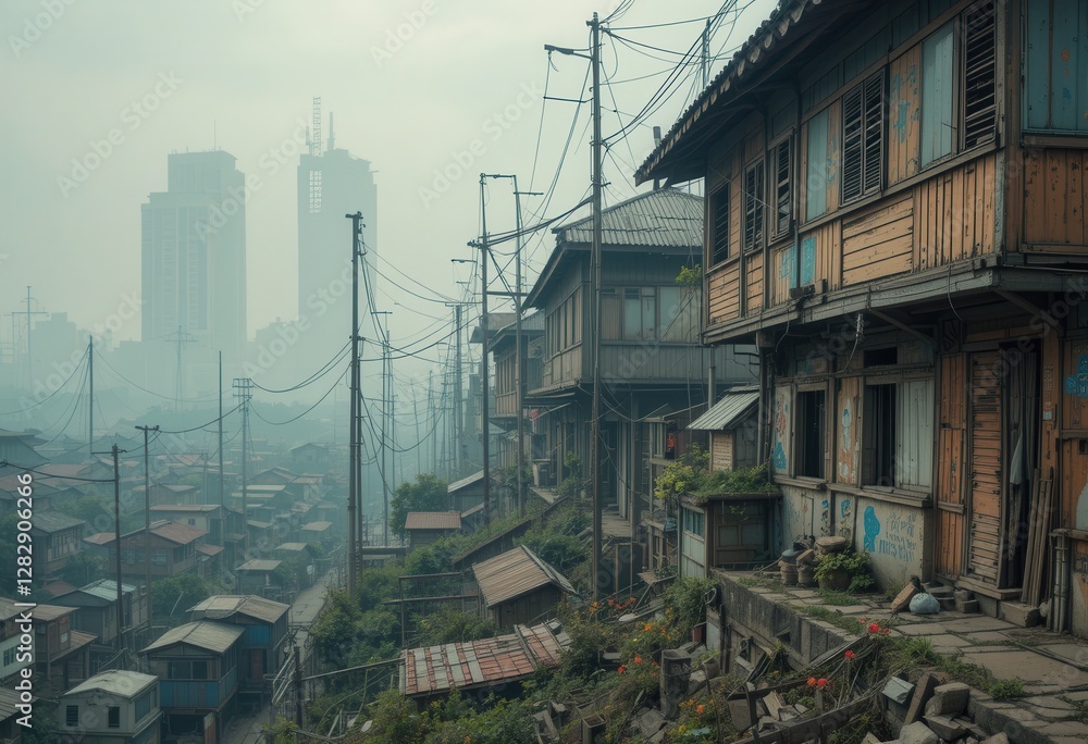 Urban landscape with traditional houses and modern buildings Urban landscape with traditional houses and modern buildings
