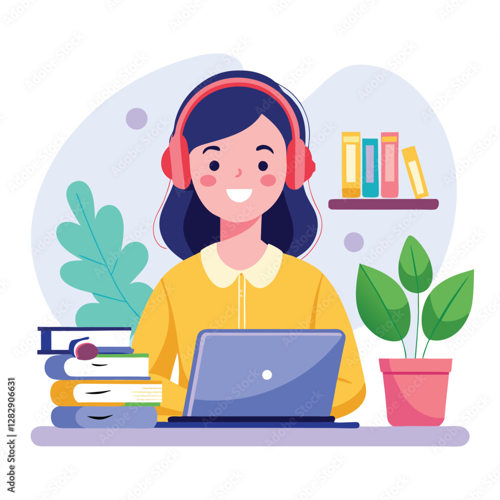 woman in headphones, studying at laptop. Happy female student watching business webinar. Video conference call, remote work communication. Flat vector illustration isolated on white background woman in headphones, studying at laptop. Happy female student watching business webinar. Video conference call, remote work communication. Flat vector illustration isolated on white background