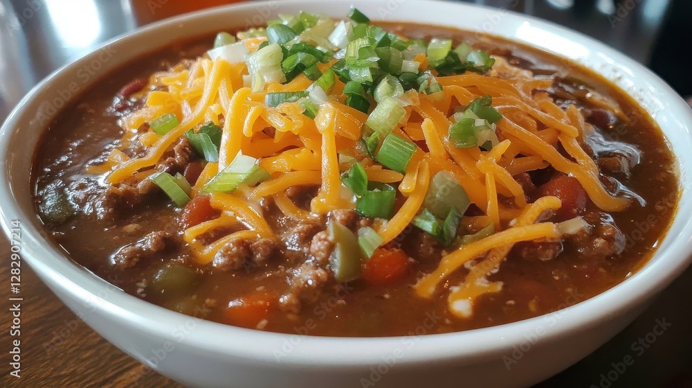 Hearty Beef Chili Topped With Cheese And Green Onions Hearty Beef Chili Topped With Cheese And Green Onions