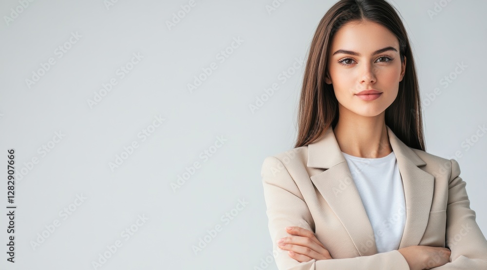 Professional businesswoman posing in neutral studio portrait photography modern environment confident viewpoint